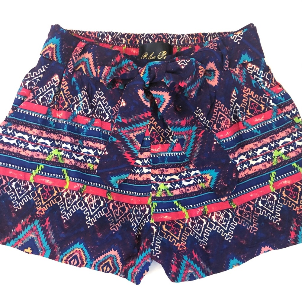 Blue Rain Blue Geometric Print Paperbag Waist Shorts, Sz Sm
